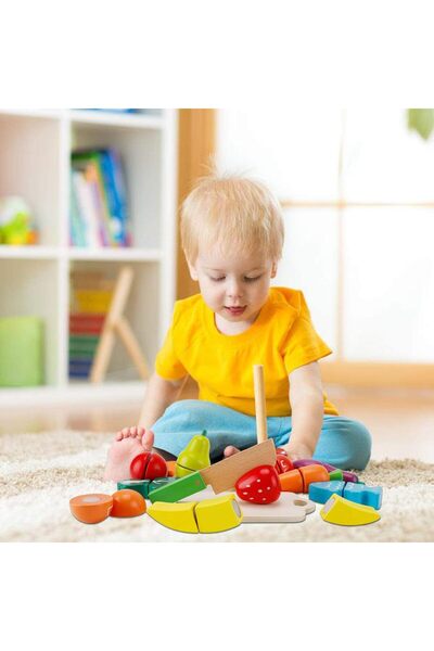 Mumoo bear Wooden Pretend Play Kitchen Puzzle - Velcro Cutting Fruits & Vegetables