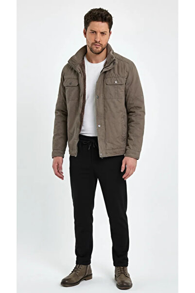 DYNAMO Mock Neck Comfortable Fit Rain Wind Insulated Thick Stylish Linen Gabardine Coat with Fur Inside and Pocket Flap
