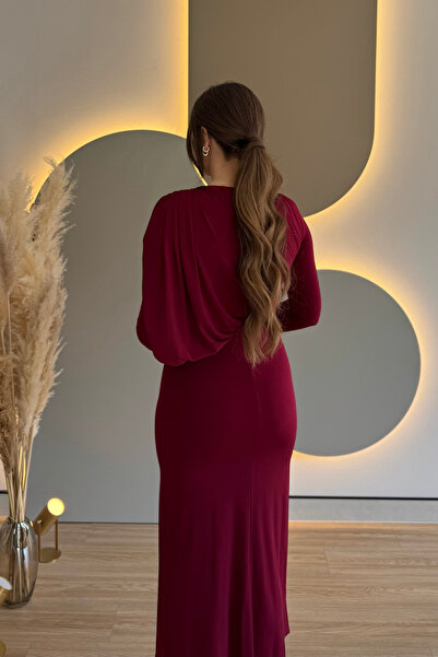 Aventien Asymmetrical Draped Design Burgundy Dress