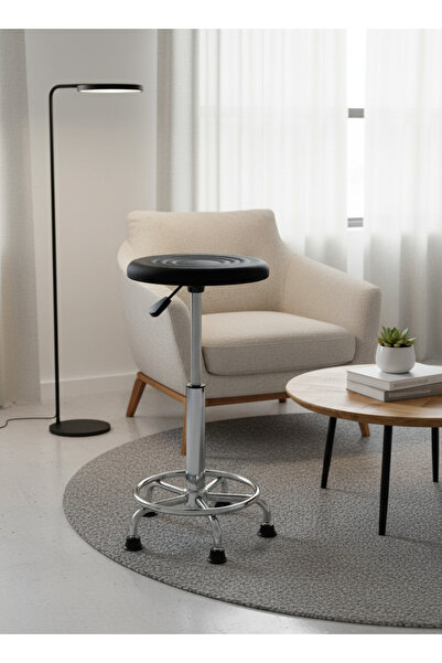 Living كرسي بار دوار بمقعد جلدي وقاعدة معدنية فضية - الراحة والأناقة