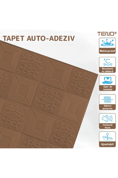 Teno Set 10x Tapet 3D Teno®, suprafata acoperire 4.9 mp, autoadeziv, perete/tavan, 70x70 cm, maro