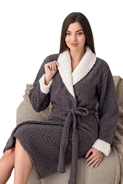 yusa stores Kalın Kışlık Sabahlık | Kadın Uzun Kol Peluş Robdöşambr - Gri - L/XL