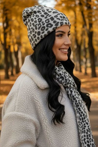 Mood Agenda Women's Premium Leopard Patterned Scarf Beanie Set of 2