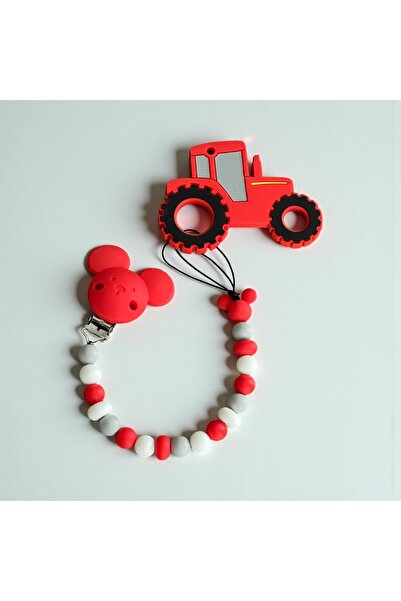 BilgeYaşam Kırmızı Traktör Şekilli Silikon Diş Kaşıyıcı & Silikon Emzik Zinci...