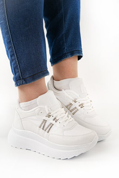 Babetty Women's Orthopedic Daily Lace-Up Stylish Stone Detailed Accessory Comfortable Sneaker Wedge Sole Sports Shoes