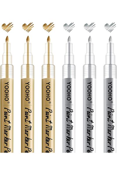 Generic YOOHO Metallic Gold & Silver Permanent Acrylic Paint Pens Set, 0.7mm Fine Tip (3 Gold + 3 Silver, Pa