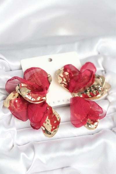 Clariss Brass Gold Color Burgundy Tulle Lotus Women's Earrings