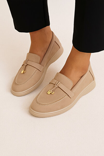 ELİSHA BUTİK حذاء نسائي كاجوال من الجلد السويدي الأصلي بلون بيج مع شراشيب من ...