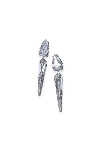 Cesicey Damla Baguette Zircon Stone Stylish Women's Steel Earrings Silver Color