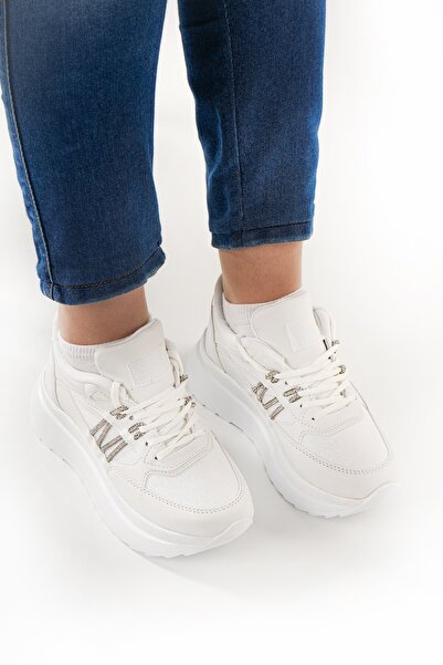 Babetty Women's Orthopedic Daily Lace-Up Stylish Stone Detailed Accessory Comfortable Sneaker Wedge Sole Sports Shoes