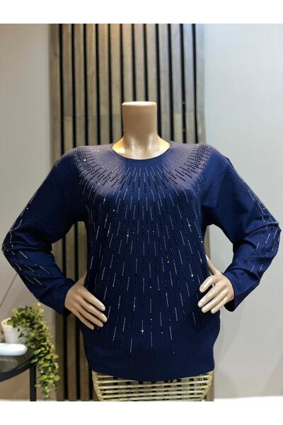AKMAVİ Kadın Orta Yaş Ve Üzeri Taşlı Şeritli Lacivert Anne Penye Bluz