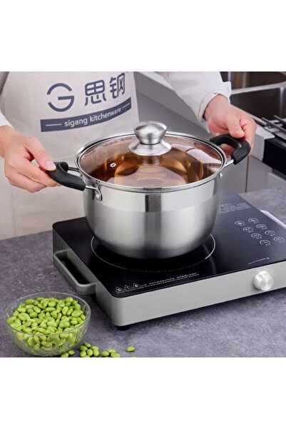 Muchmy 24CM Stainless Steel Cookware Set Glass Lid Multi-purpose Double Handle Design Pot