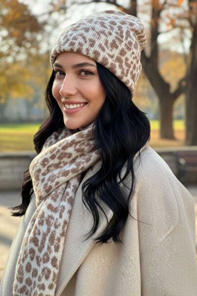 Mood Agenda Women's Premium Leopard Patterned Scarf Beanie Set of 2