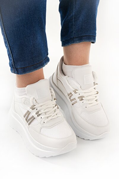 Babetty Women's Orthopedic Daily Lace-Up Stylish Stone Detailed Accessory Comfortable Sneaker Wedge Sole Sports Shoes