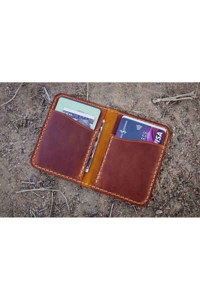 Derici Amca Genuine Cowhide Leather, Handmade Minimal Vertical Card Holder Wallet 4 Compartments Camel