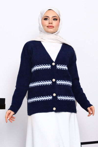 İmajButik Navy Blue V-Neck Angora Soft Cardigan