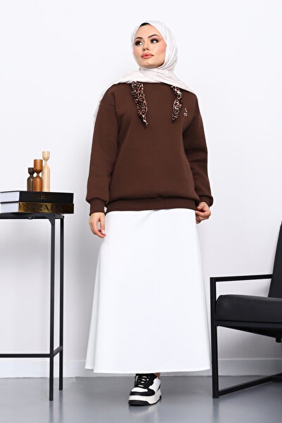 İmajButik Καφέ Φούτερ με Αξεσουάρ Κασκόλ Κεντημένο με Τρεις Κλωστές Κελάν