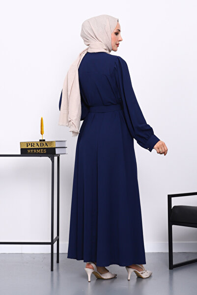 İmajButik Navy Blue Belted Dress