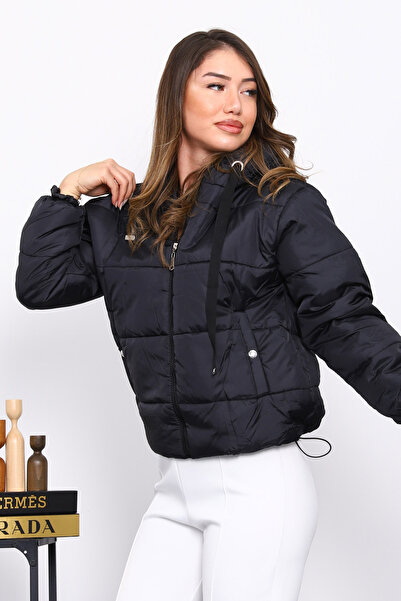 İmajButik Black Hooded Short Puffer Coat