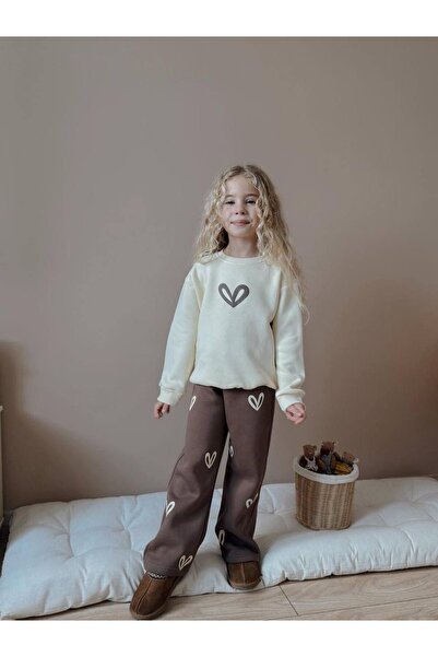 YİGİT BUTİK Kalp Printed Wide Leg Girls' Top and Bottom Set