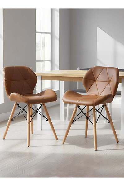Taimi طقم من كرسيين - كرسي طعام عصري، مقعد من الجلد الصناعي، أرجل من الخشب الطبيعي، تصميم إسكندنافي، بني