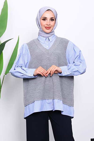 İmajButik Γκρι πλεκτό πουκάμισο συνδυασμός υφασμάτων