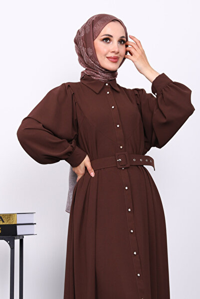 İmajButik Φόρεμα με καφέ ζώνη μέσης