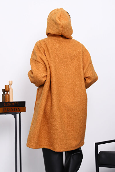 İmajButik Tile Hooded Boucle Coat with Pocket Detail