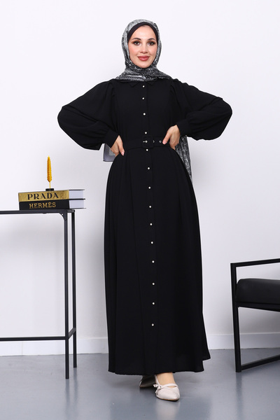 İmajButik Μαύρο φόρεμα με ζώνη στη μέση