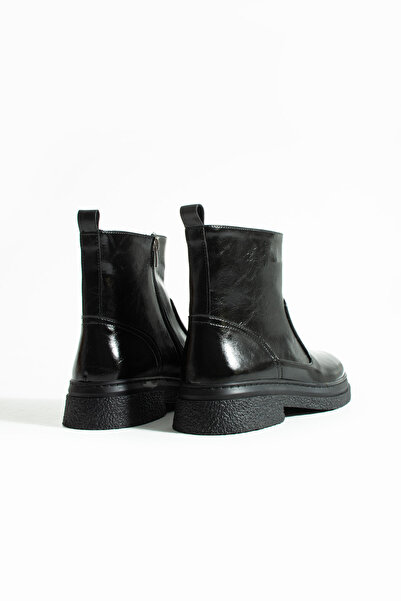 KOTAN Women's Patent Leather Black Flat Sole Zippered Short Boots |   Non-Slip Sole Daily Winter Boots