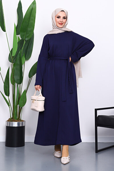 İmajButik Navy Blue Belted Three Thread Dress