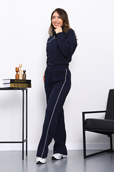 İmajButik Navy Blue Three Thread Sweat Cardigan Trouser Set