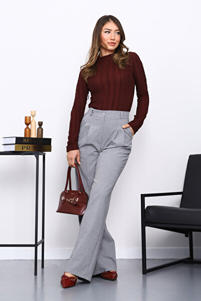 İmajButik Plum Ruffle Detailed Mock Neck Blouse