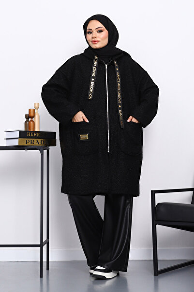 İmajButik Black Hooded Boucle Coat with Pocket Detail