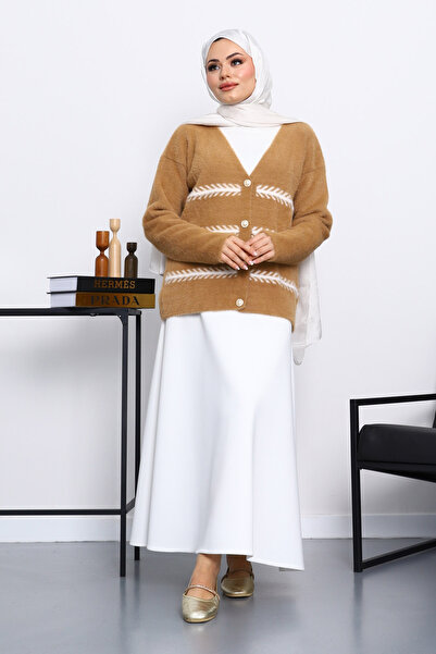 İmajButik Mink V-Neck Angora Soft Cardigan