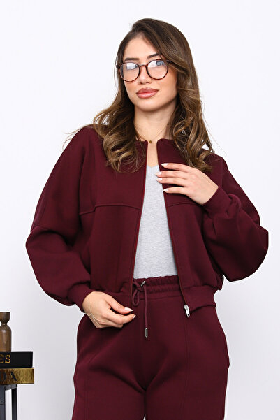 İmajButik Plum Three Thread Sweat Cardigan Trouser Set