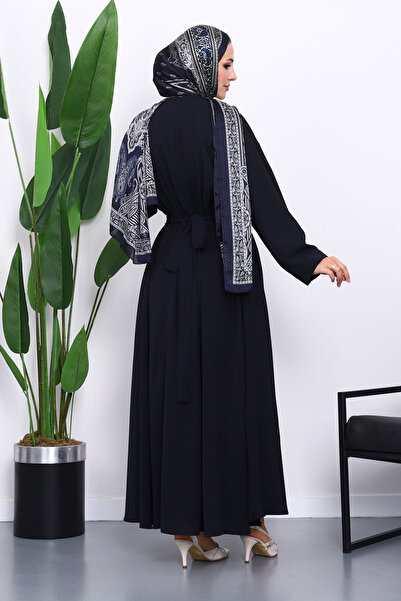 İmajButik Navy Blue Pleated Dress with Tie at the Waist