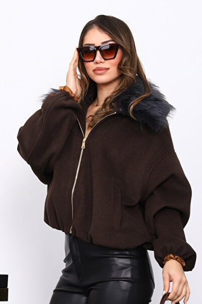 İmajButik Brown Collar Fur Oversized Bomber Cashmere Jacket