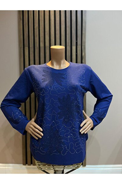 AKMAVİ Kadın Orta Yaş Ve Üzeri 3 Yapraklı Taşlı İndigo Anne Penye Bluz