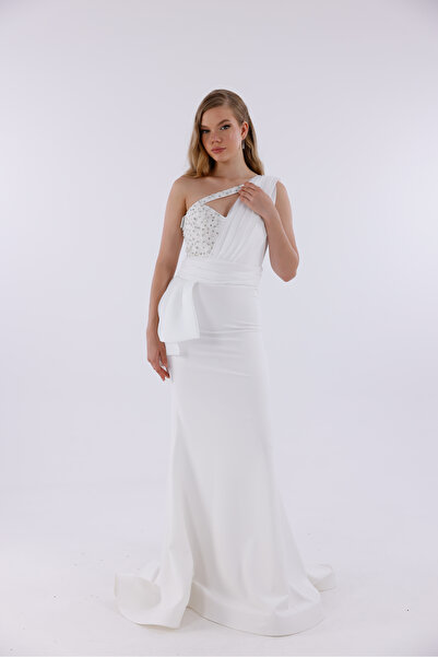 BDM Exclusive Krep Drapeli Asimetrik Taş İşlemeli Uzun Premium Abiye Elbise