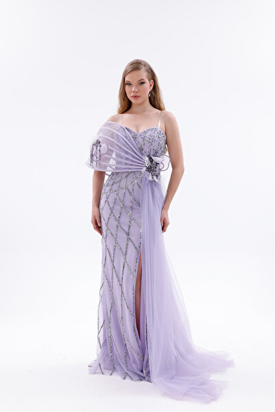 BDM Exclusive Tek Omuz Tül Drapeli Kristal İşlemeli Yırtmaçlı Mavi Şifon Abiye Elbise