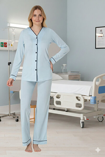 BLACKMORE Women's Blue Buttoned Front Cotton Full Length Dressing Gown Maternity Pregnant 3-Piece Pajama Set