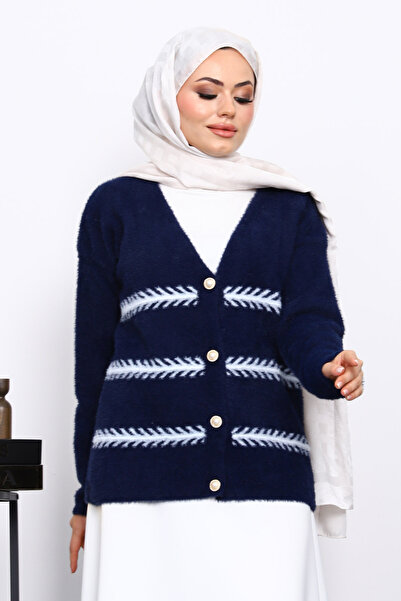 İmajButik Navy Blue V-Neck Angora Soft Cardigan