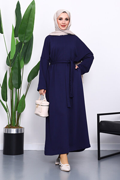 İmajButik Navy Blue Belted Three Thread Dress