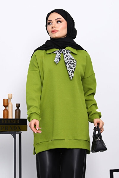 İmajButik Oil Green Tunic with Scarf Detail on the Collar