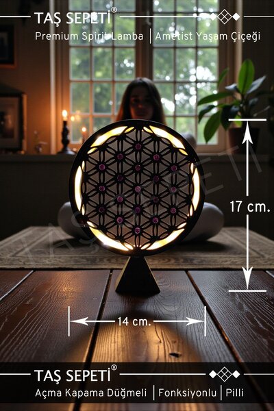 TAŞ SEPETİ Ametist Taşlı Yaşam Çiçeği Lamba | Premium Spirituel Serisi | Pilli | Fonksiyonlu Düğme