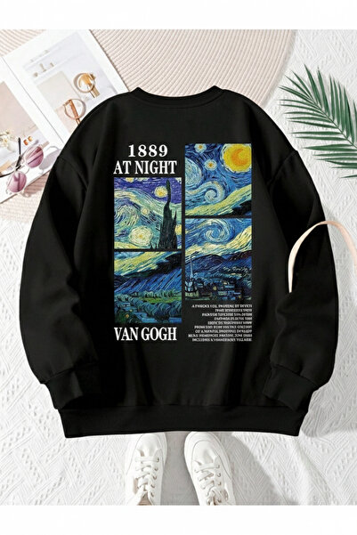 one button Unisex Van Gogh Baskılı Sıfır Yaka Regular Sweatshirt %100 Pamuk