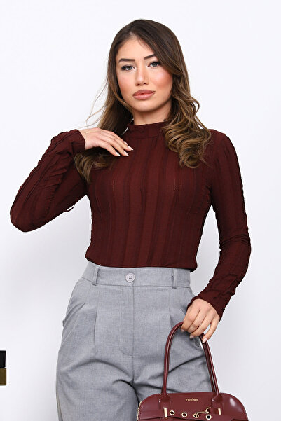 İmajButik Plum Ruffle Detailed Mock Neck Blouse