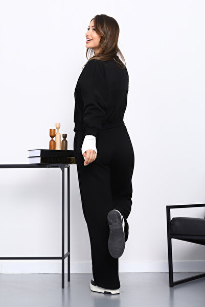 İmajButik Black Three Thread Sweat Cardigan Trouser Set