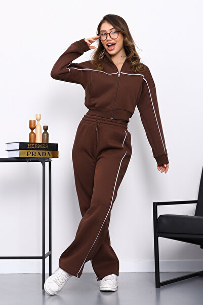İmajButik Brown Three Thread Sweat Cardigan Trouser Set